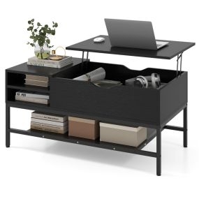 Mesa de Centro Elevable con Compartimento Oculto Mesa de Salón de Madera con Estante de Almacenamiento Mesita de Comedor Elevable Negro