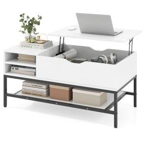 Mesa de Centro Elevable con Compartimento Oculto Mesa de Salón de Madera con Estante de Almacenamiento Mesita de Comedor Elevable Blanco