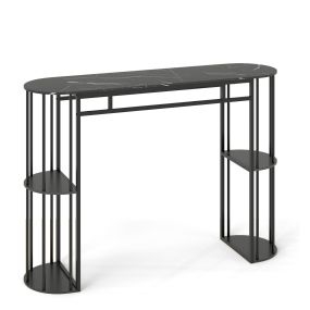 Mesa de Bar Alta Rectangular con Estantes Almacenaje Estructura Metálica Encimera Mármol Consola Estrecha para Comedor Salón Negro
