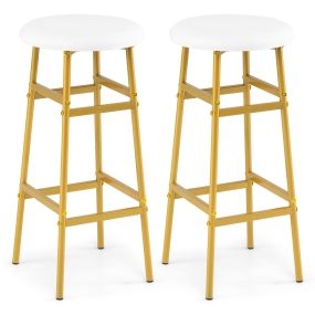 Juego de 2 taburetes de bar redondos con asiento tapizado, marco de metal y reposapiés 33,5x73 cm blanco