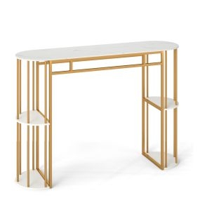 Mesa de Bar Alta Rectangular con Estantes Almacenaje Estructura Metálica Encimera Mármol Consola Estrecha para Comedor Salón Blanco