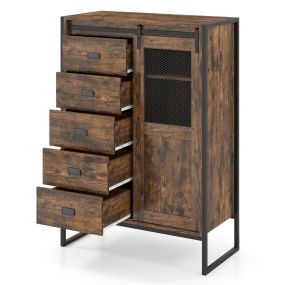 Armario Almacenamiento Suelo Rústico Puerta Corredera 5 Cajones Estantes Ajustables Independiente Baño Salón Cocina Marrón Rústico