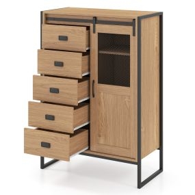 Armario Almacenamiento Suelo Rústico Puerta Corredera 5 Cajones Estantes Ajustables Independiente Baño Salón Cocina Natural