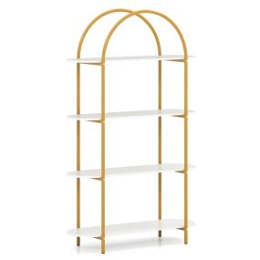 Estantería Arqueada Librería Moderna 4 Niveles Estructura Metálica Organizador Almacén Hogar Oficina Dorado y Blanco