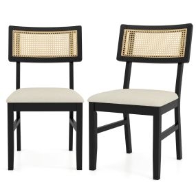 Juego 2 Sillas Comedor Ratán Cocina Tela Acolchado Patas Madera Respaldo Curvado Estilo Rústico Negro y Berige