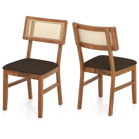 Juego de 2 Sillas Tapizadas Respaldo Ratán Tejido Estructura Madera Caucho Terciopelo 180kg Comedor Cocina Nogal y Marrón