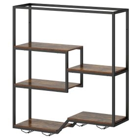 Estante de Pared para Vinos de 6 Niveles con Soporte para Copas Estructura Metálica para Bar Cocina Comedor Marrón Rústico