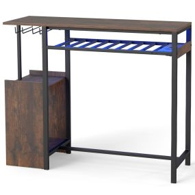 Mesa de Bar Alta con Estación de Carga Botellero y Copa Estantería 2 Niveles Luz Ajustable para Comedor Salón Marrón Rústico