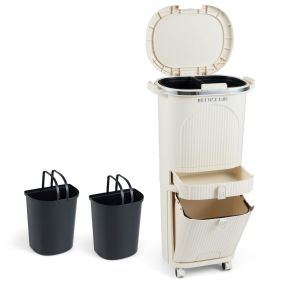 Cubo de Basura de Clasificación de 42L con 2 Cubetas Extraíbles Cajón Pedal y Ruedas para Sala Cocina y Baño Beige