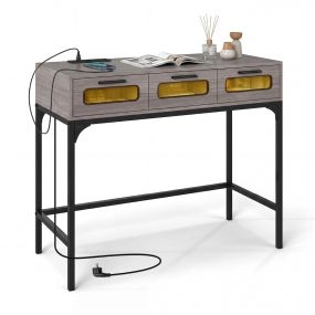 Mesa consola gris 90 cm con luces LED, estación de carga, USB y cajones para recibidor y pasillo