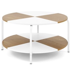 Mesa Redonda de Café y Centro de 2 Niveles con Estante y Marco Metálico 80 cm Blanco y Natural