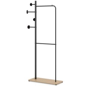 Perchero de pie ligero con 4 ganchos y base de madera, 50 kg, 68 x 30 x 167 cm, natural y negro