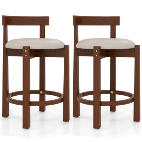 Juego de 2 taburetes de barra tapizados en lino con respaldo y reposapiés de madera beige