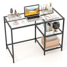 Mesa consola de entrada con 2 estantes, tablero de vidrio templado, marco de metal, negro