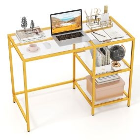 Mesa consola de entrada con 2 estantes, vidrio templado y marco de metal dorado