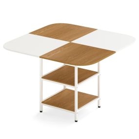 Mesa de Comedor Moderna Cuadrada Con Tablero Multicolor y Estante de 2 Niveles Patas Ajustables Café y Blanco
