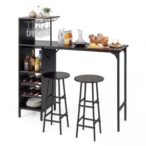 Juego de 3 Piezas Mesa y Sillas de Bar Mesa y Taburetes Industriales con Soportes para Copas Estantes para Comedor Cocina Negro
