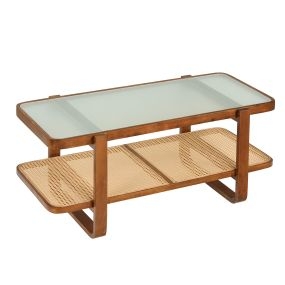 Mesa de centro rectangular de ratán de 2 niveles con encimera de vidrio templado y patas de madera en U