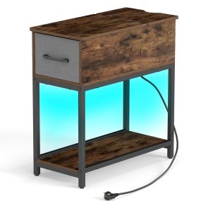 Mesa Auxiliar Estrecha con Estación de Carga Luces USB Cajón y Estante Industrial 60 x 29 x 62cm Marrón Rústico y Gris