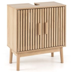 Mueble bajo lavabo de madera de pino con puertas de listones y estante interior 60 x 30 x 70 cm natural