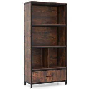 Librería de 4 Niveles con 4 Cubos Abiertos y Cajón de Tela Plegable Estructura Metálica para Dormitorio Oficina Marrón Rústico