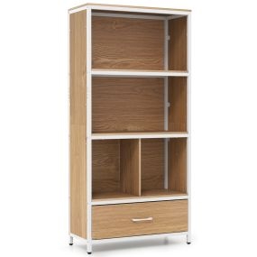 Librería de 4 Niveles con 4 Cubos Abiertos y Cajón de Tela Plegable Estructura Metálica para Dormitorio Oficina Natural