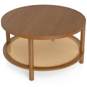 Mesa de centro redonda color nogal con estante inferior de ratán 80 x 80 x 45 cm