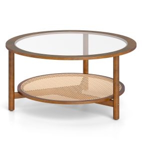 Mesa de centro redonda con vidrio templado y estante de ratán sintético marrón 90 x 90 x 43,5 cm