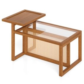 Mesa de centro cuadrada marrón de ratán y vidrio templado de madera de caucho 102 x 56 x 56 cm