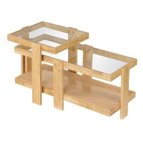 Juego de mesas de centro nido de madera natural con ratán y vidrio templado 90 × 40 × 40 cm