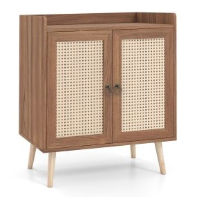 Armario de almacenaje de rattan con doble puerta, estante regulable y patas de madera maciza, 67 x 38 x 77 cm, marrón de madera