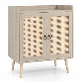 Armario de almacenaje de rattan con doble puerta, estante regulable y patas de madera maciza 67 x 38 x 77 cm color natural de madera