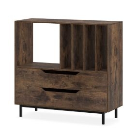 Soporte para Tocadiscos Soporte de Giradiscos con Compartimento Abierto 4 Estantes de Vinilos 2 Cajones y Patas de Metal Armario Marrón