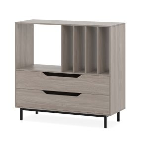 Soporte para Tocadiscos Soporte de Giradiscos con Compartimento Abierto 4 Estantes de Vinilos 2 Cajones y Patas de Metal Armario Gris
