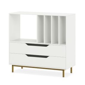 Soporte para Tocadiscos Soporte de Giradiscos con Compartimento Abierto 4 Estantes de Vinilos 2 Cajones y Patas de Metal Armario Blanco
