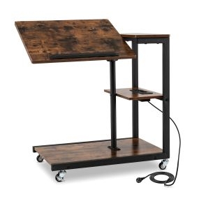 Mesa Auxiliar con Ruedas en C con Encimera Elevable e Inclinable Carga Metálica 3 Niveles para Dormitorio Oficina Marrón Rústico