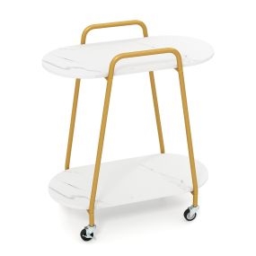 Mesa Auxiliar Rodante 2 Niveles Superficie Mármol Falso Ruedas Bloqueables Estructura Metálica para Dormitorio Cocina Salón Blanco