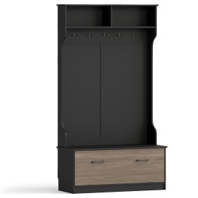 Perchero zapatero con puerta abatible, 5 ganchos, 2 cubos abiertos, 2 espacios ocultos y estante negro