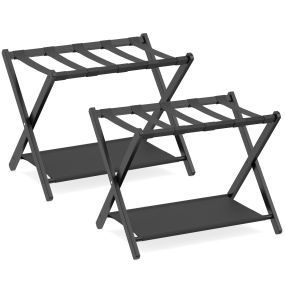Soportes Equipaje Bambú Plegables 2 Piezas Correas Nylon Estantes Almacenamiento Cuarto Huéspedes Dormitorio Hotel Negro