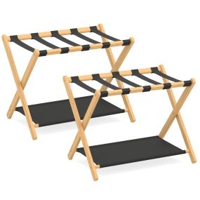 Soportes Equipaje Bambú Plegables 2 Piezas Correas Nylon Estantes Almacenamiento Cuarto Huéspedes Dormitorio Hotel Natural+Negro