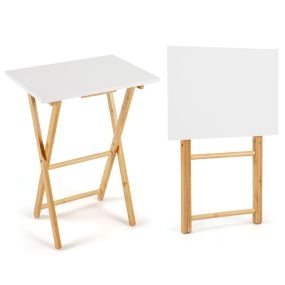 Juego de 2 Mesas Plegables Bambú para TV Comer Sofá Portátil Espacios Pequeños Dormitorio Sala Estar Fácil Almacenar Blanco