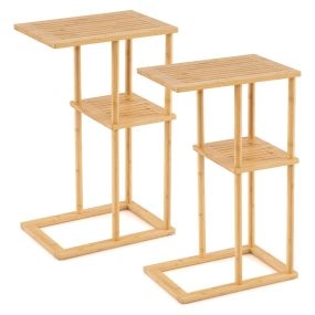 Juego de 2 Mesas Auxiliares Rectangulares de Bambú con Estantes Almacenamiento Mesita Noche Mueble Esquinera Sala Dormitorio Natural