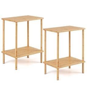 Juego de 2 Mesas Auxiliares de Bambú 2 Niveles con Estantes Almacenamiento Rectangular para Té y Sofá de Esquina Sala Estar Recepción