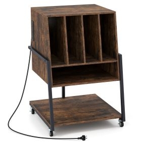 Soporte para Tocadiscos con Estación de Carga Estándar Europeo Estante de Vinilos con Ruedas y Patas Ajustables Estilo Industrial para Salón