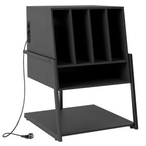 Soporte para Tocadiscos con Estación de Carga Estándar Europeo Estante de Vinilos con Ruedas y Patas Ajustables Negro Madera con Enchufe para Salón