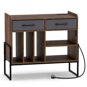 Soporte para Vinilos Estándar Europeo con Cajones de Tela Gris Oscuro y 5 Compartimentos Estructura Metálica Negra Paneles Industriales 76x35,5x68,5 cm para Salón o Oficina