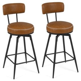 Taburetes Bar Giratorios Modernos 2 Piezas Respaldo Acolchado Reposapiés Patas Metálicas Cuero Sintético Costuras Marrón
