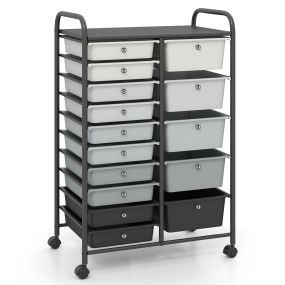 Carrito de almacenamiento móvil con 15 cajones mixtos de PP, encimera resistente, ruedas con freno, 63 x 38 x 96 cm, negro
