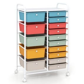 Carrito de almacenamiento móvil con 15 cajones mixtos de PP, encimera resistente y ruedas con freno, 63 x 38 x 96 cm, macaron