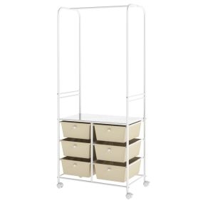 Perchero de almacenamiento alto con barra colgante, 6 cajones de PP, ruedas con freno, 63 x 38 x 152 cm, blanco